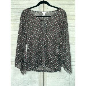 𝅺H&M Black Sheer Blouse With Red & White Print Size Medium